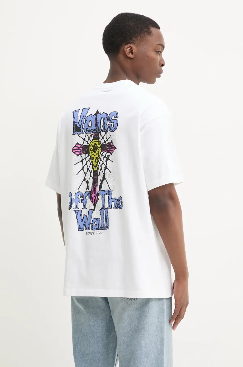 Vans tricou din bumbac barbati, culoarea alb, cu imprimeu, VN000NWNWHT1