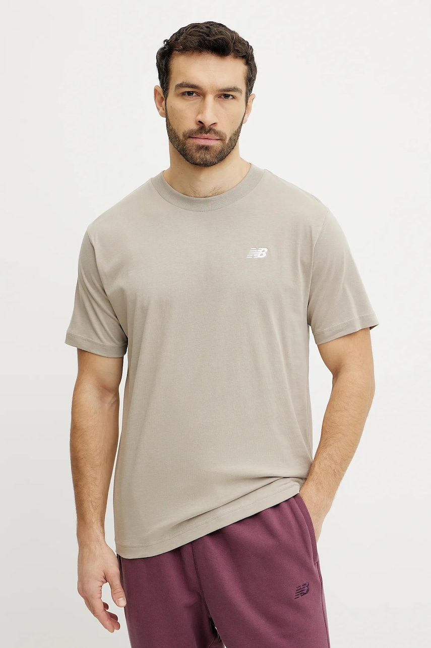 New Balance tricou din bumbac barbati, culoarea bej, neted, MT41509ADS New Balance tricou din bumbac barbati, culoarea bej, neted, MT41509ADS