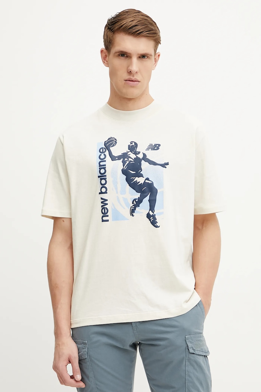 New Balance tricou din bumbac bărbați, culoarea bej, cu imprimeu, MT51605LIN New Balance tricou din bumbac bărbați, culoarea bej, cu imprimeu, MT51605LIN