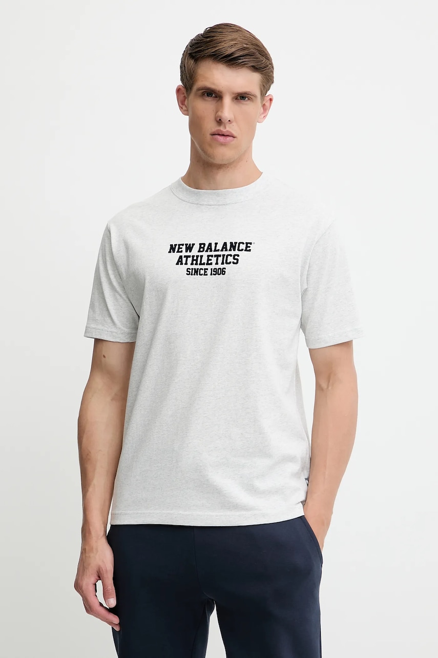 New Balance tricou din bumbac culoarea gri, cu imprimeu, MT51526AHH