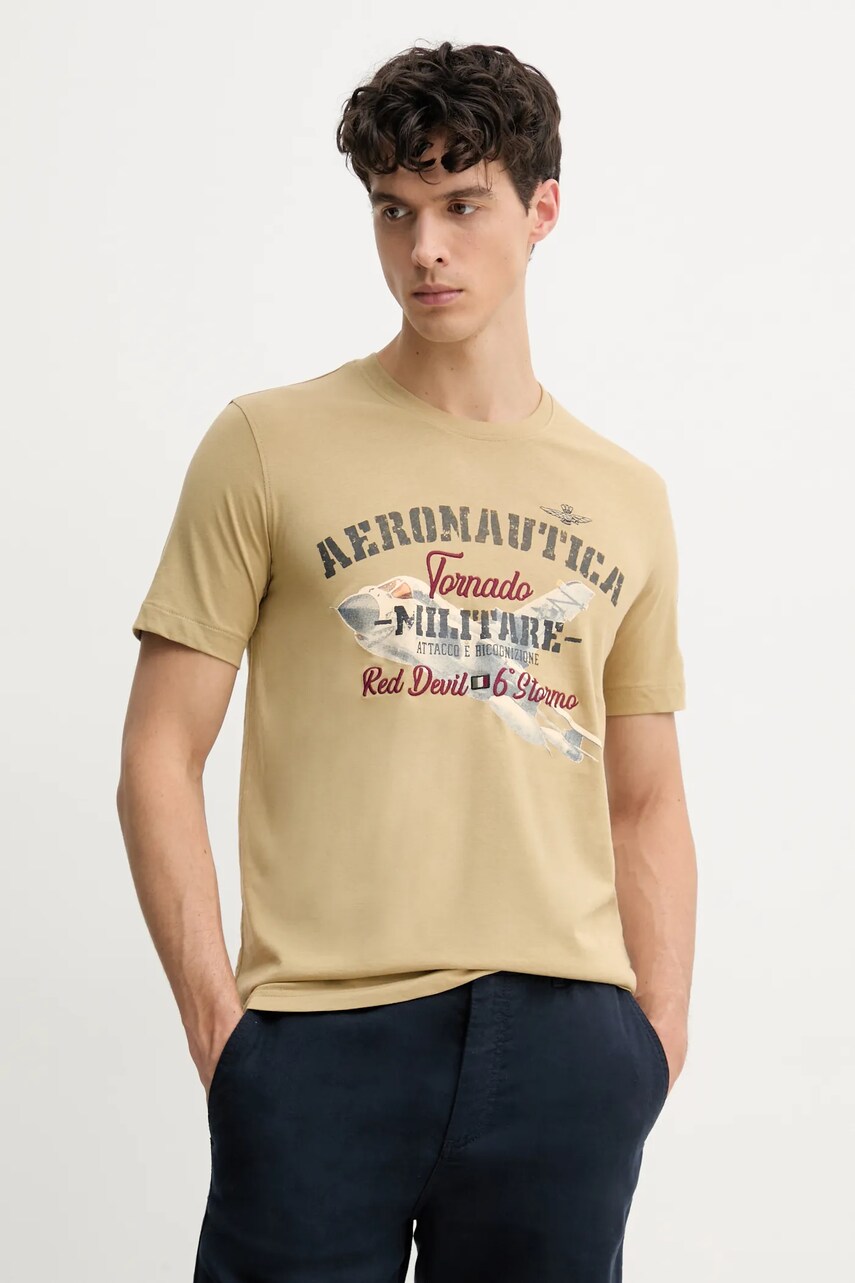 Levně Bavlněné tričko Aeronautica Militare béžová barva, s potiskem, TS2406J641