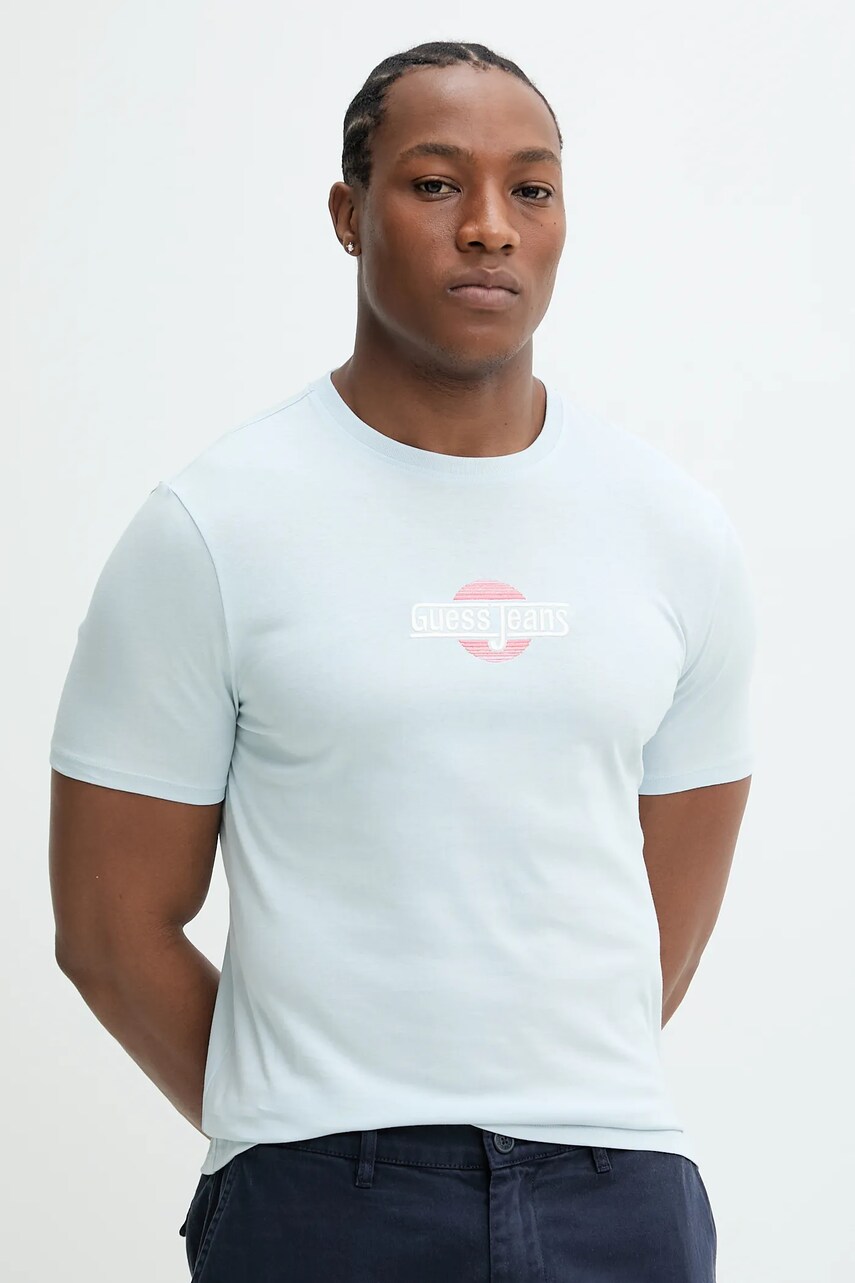 Levně Bavlněné tričko Guess Jeans modrá barva, s aplikací, M5GI23 K8HM0