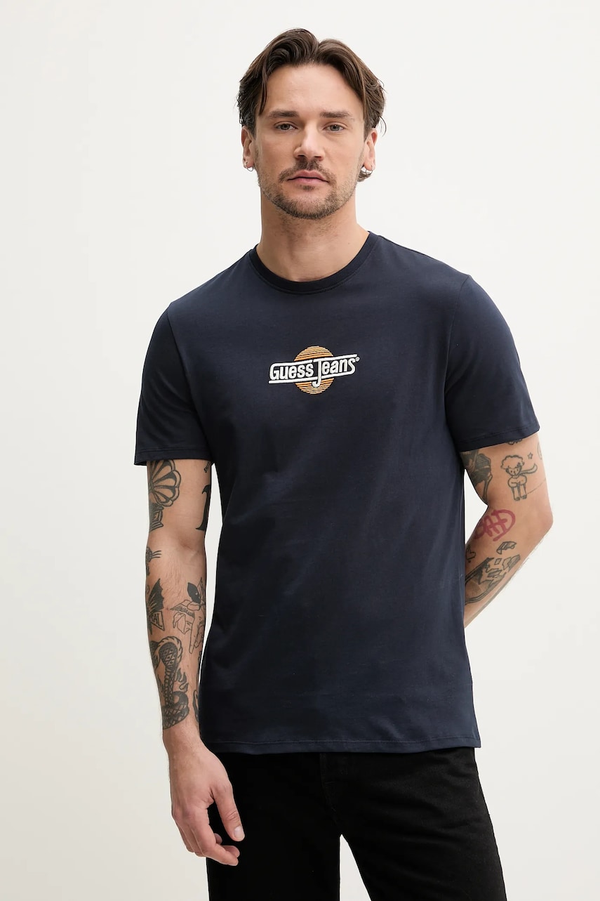 Levně Bavlněné tričko Guess Jeans tmavomodrá barva, s aplikací, M5GI23 K8HM0
