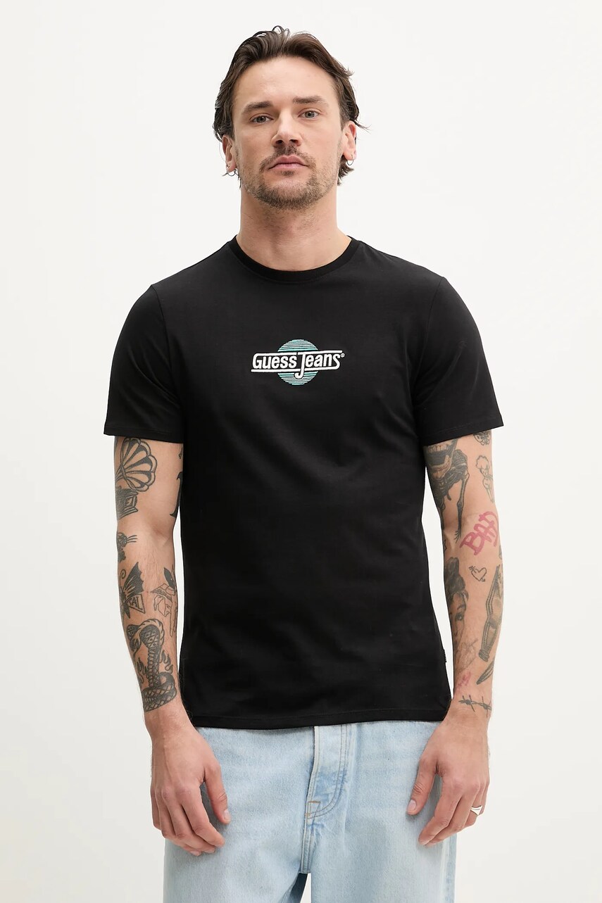 Levně Bavlněné tričko Guess Jeans černá barva, s aplikací, M5GI23 K8HM0