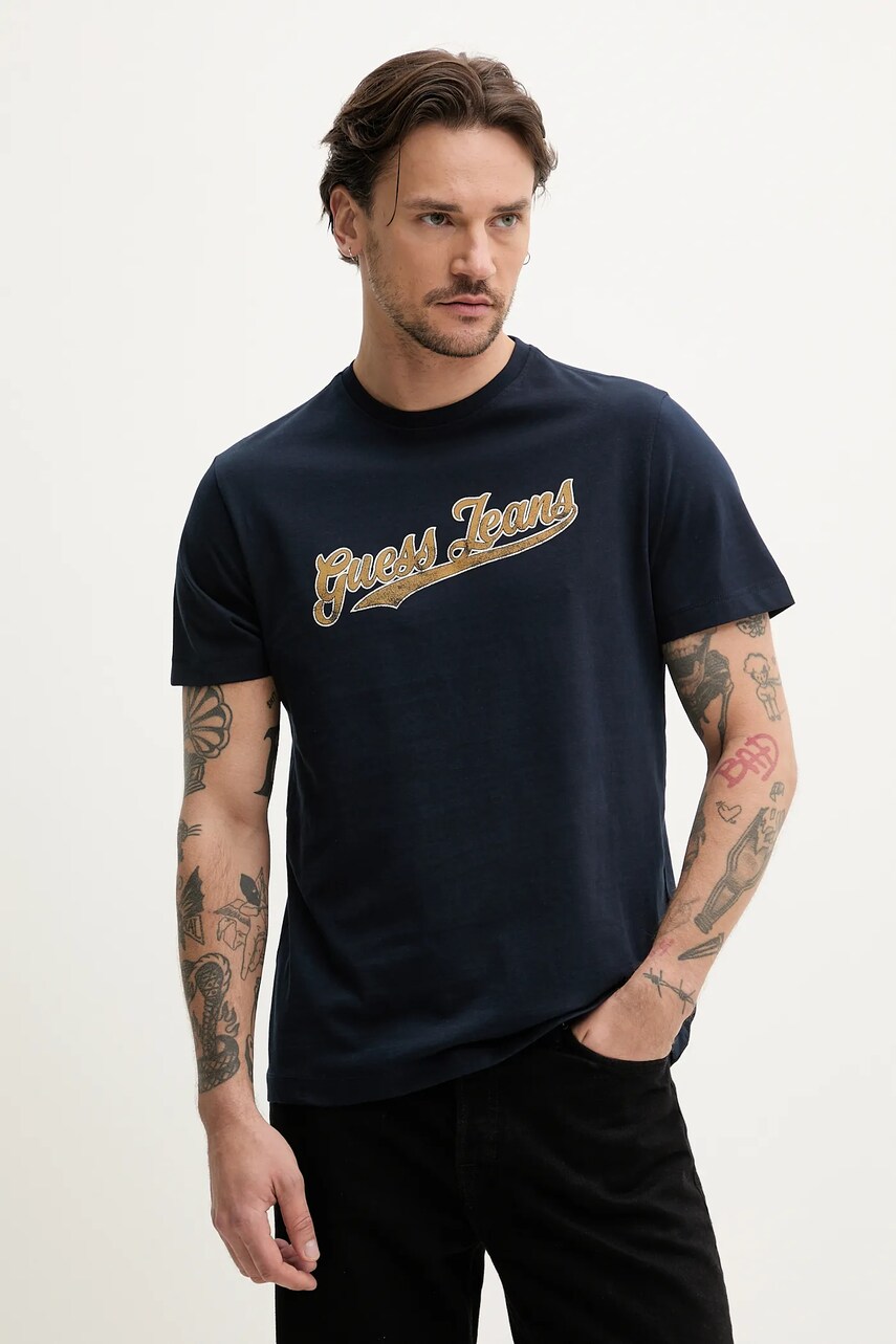 Levně Bavlněné tričko Guess Jeans tmavomodrá barva, s potiskem, M5GI54 K8FQ4
