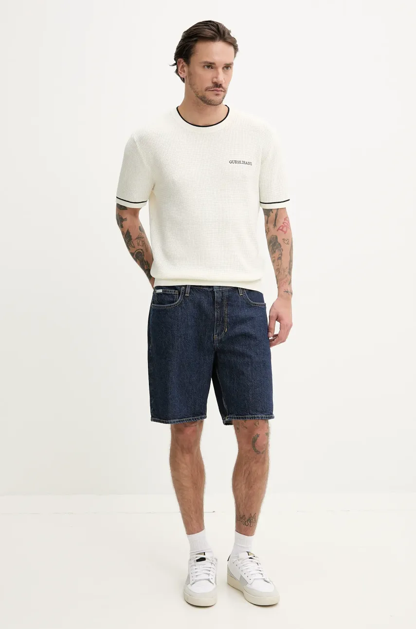 Хлопковая футболка Guess Jeans мужская цвет бежевый однотонная M5GR17 Z3HM1 Хлопковая футболка Guess Jeans мужская цвет бежевый однотонная M5GR17 Z3HM1