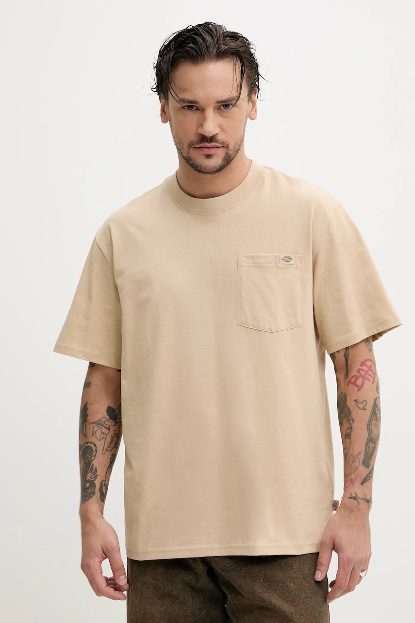 Dickies tricou din bumbac barbati, culoarea bej, neted, DK0A4YFCF951 Dickies tricou din bumbac barbati, culoarea bej, neted, DK0A4YFCF951
