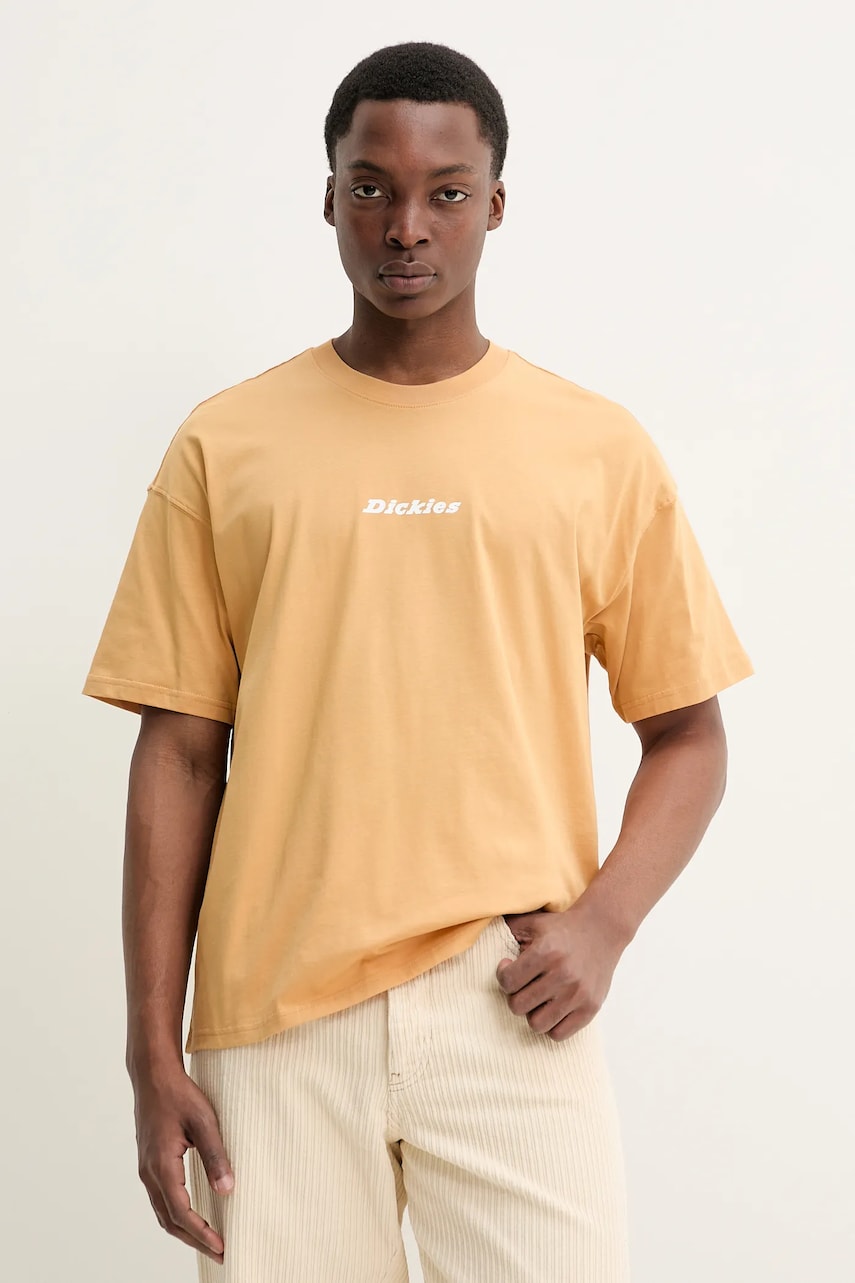 Dickies tricou din bumbac bărbați, culoarea galben, cu imprimeu, DK0A4YRNK411 Dickies tricou din bumbac bărbați, culoarea galben, cu imprimeu, DK0A4YRNK411