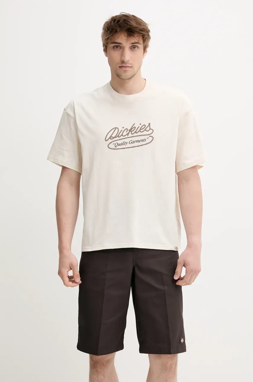 Levně Bavlněné tričko Dickies pánské, béžová barva, s potiskem, DK0A4Z8QF901