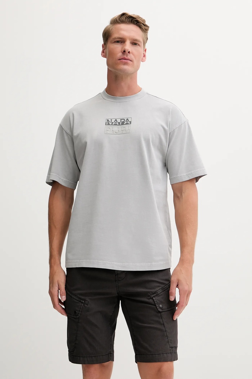 Napapijri tricou din bumbac S-Cortona bărbați, culoarea gri, cu imprimeu, NP0A4ILQH621