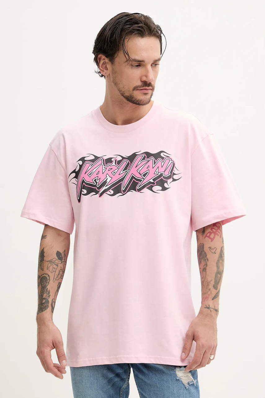 Karl Kani tricou din bumbac bărbați, culoarea roz, cu imprimeu, 60300354