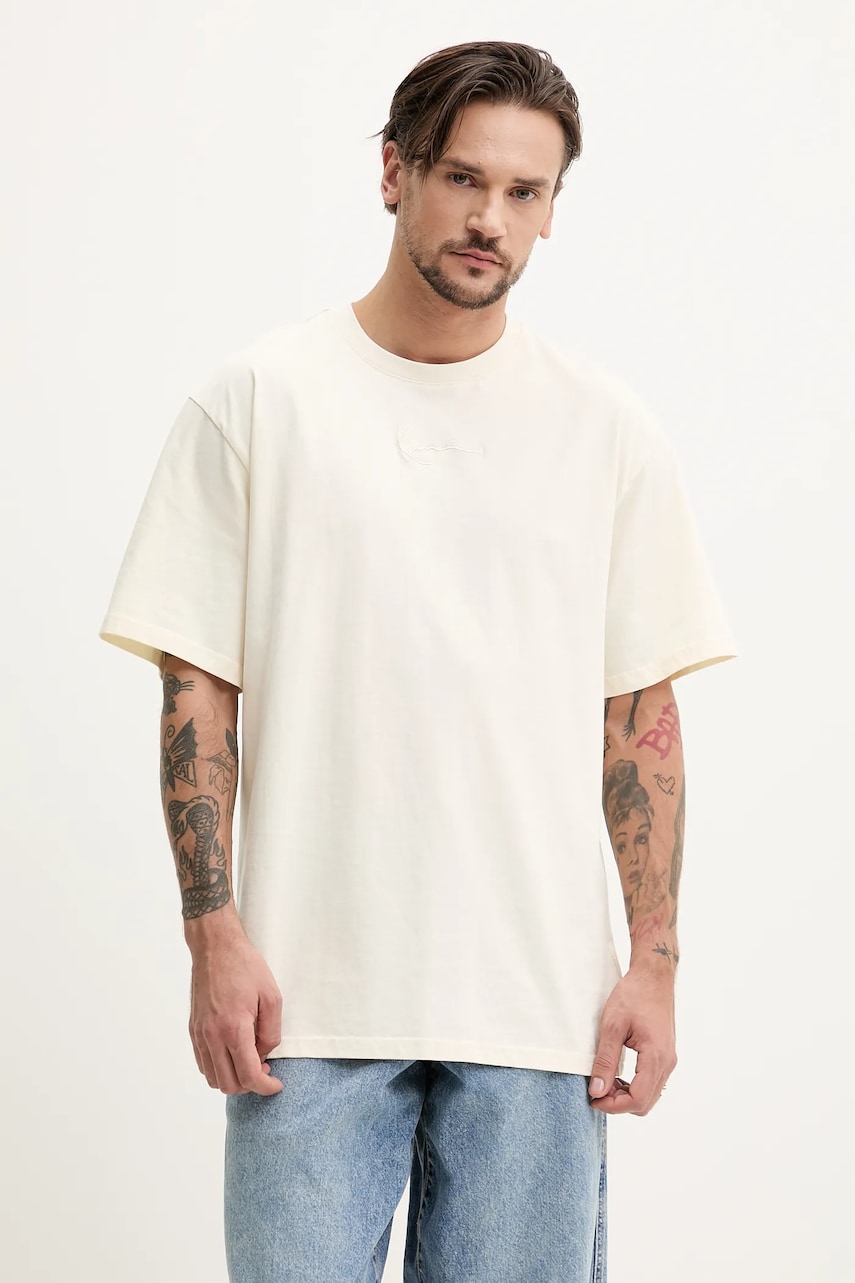 Karl Kani tricou din bumbac barbati, culoarea bej, neted, 60300336 Karl Kani tricou din bumbac barbati, culoarea bej, neted, 60300336
