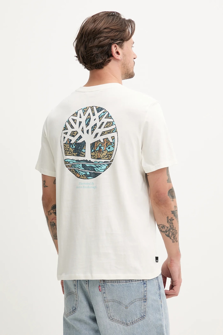 Timberland tricou din bumbac bărbați, culoarea bej, cu imprimeu, TB0A6DG5CM91 Timberland tricou din bumbac bărbați, culoarea bej, cu imprimeu, TB0A6DG5CM91