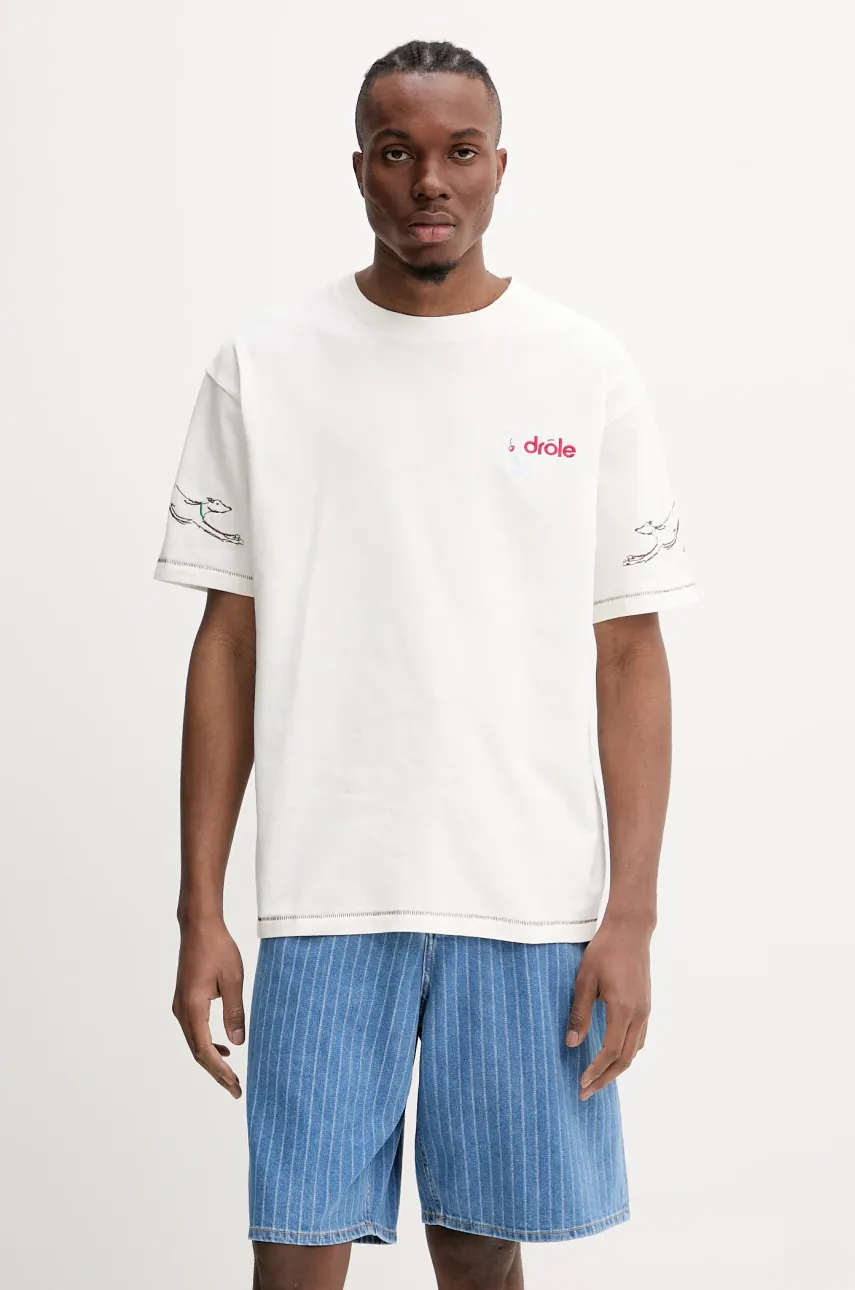 Levně Bavlněné tričko Drôle de Monsieur Le T-Shirt Club House pánské, béžová barva, s aplikací, G-TS240-CO134-OW