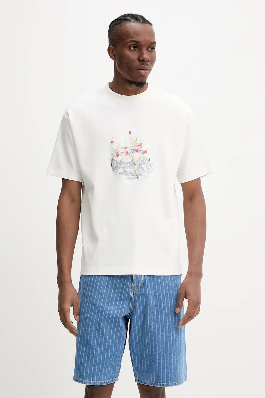 Drôle de Monsieur tricou din bumbac Le T-Shirt Cocktails culoarea bej, cu imprimeu, G-TS237-CO002-OW Drôle de Monsieur tricou din bumbac Le T-Shirt Cocktails culoarea bej, cu imprimeu, G-TS237-CO002-OW
