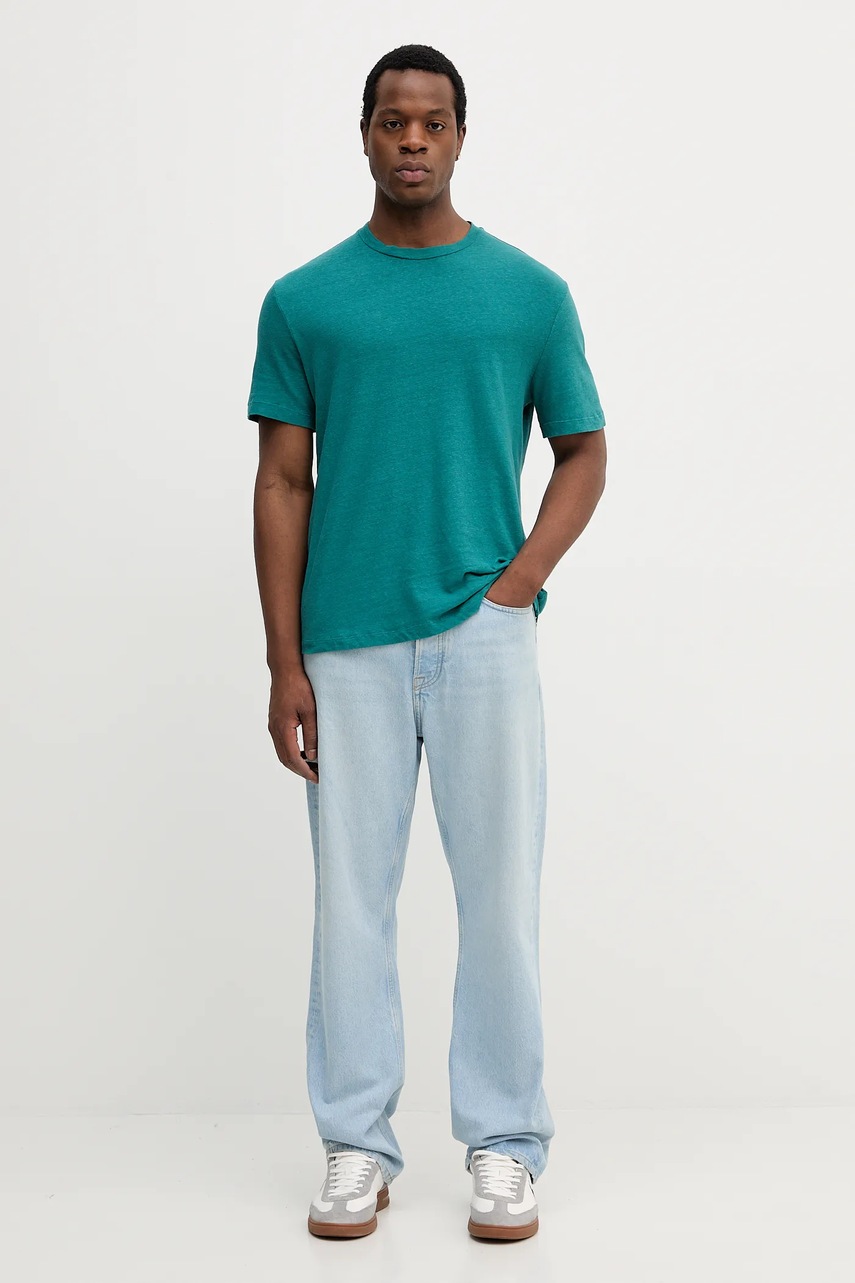 Льняная футболка United Colors of Benetton цвет зелёный однотонная 3UTFU10B1