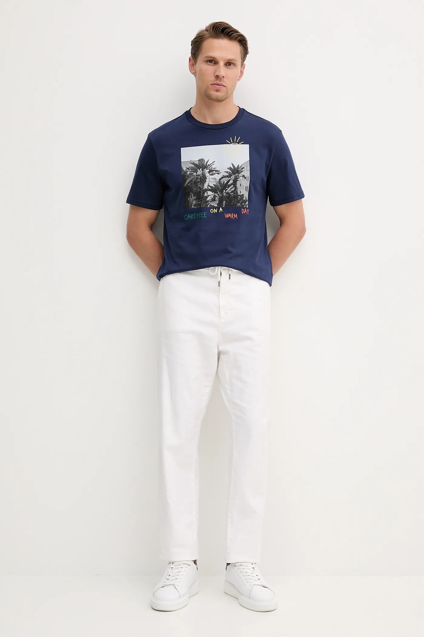 Хлопковая футболка United Colors of Benetton цвет синий с принтом 3BL0U10AG