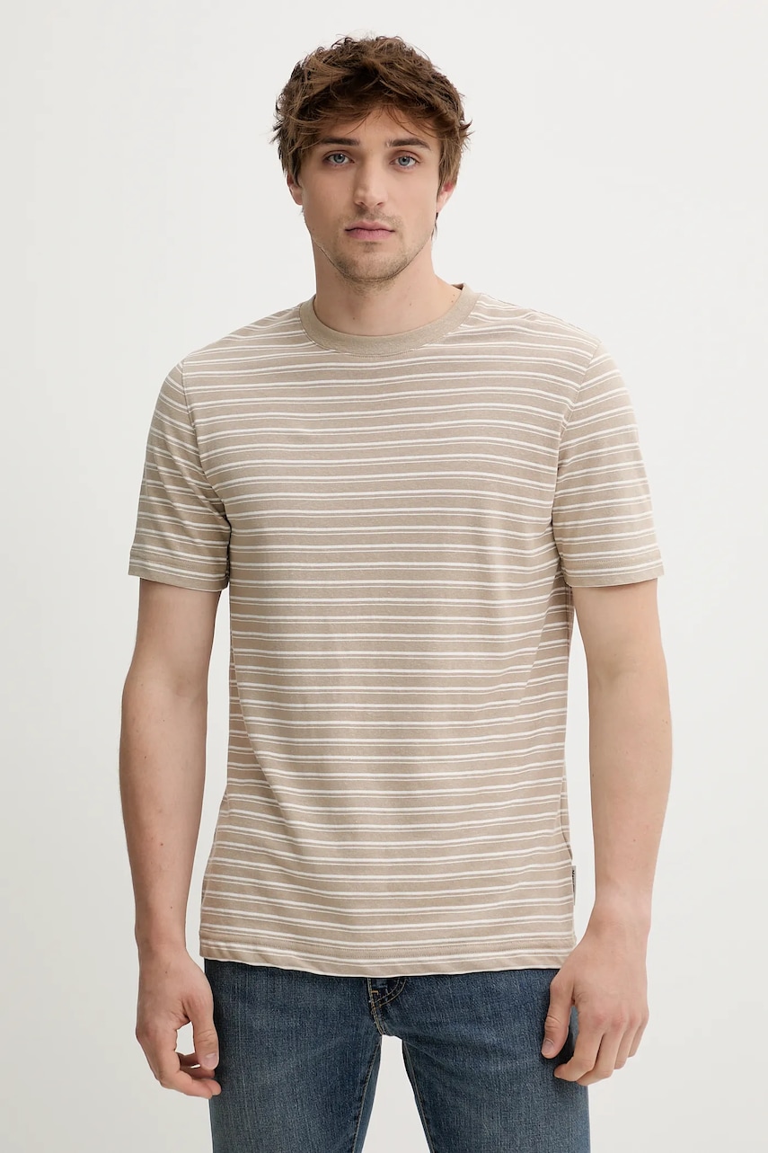 Marc O'Polo tricou din amestec de in culoarea maro, cu imprimeu, 524216751302