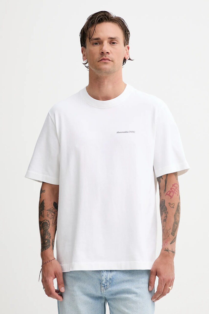 Levně Bavlněné tričko Abercrombie & Fitch pánské, bílá barva, s potiskem, KI123-5060