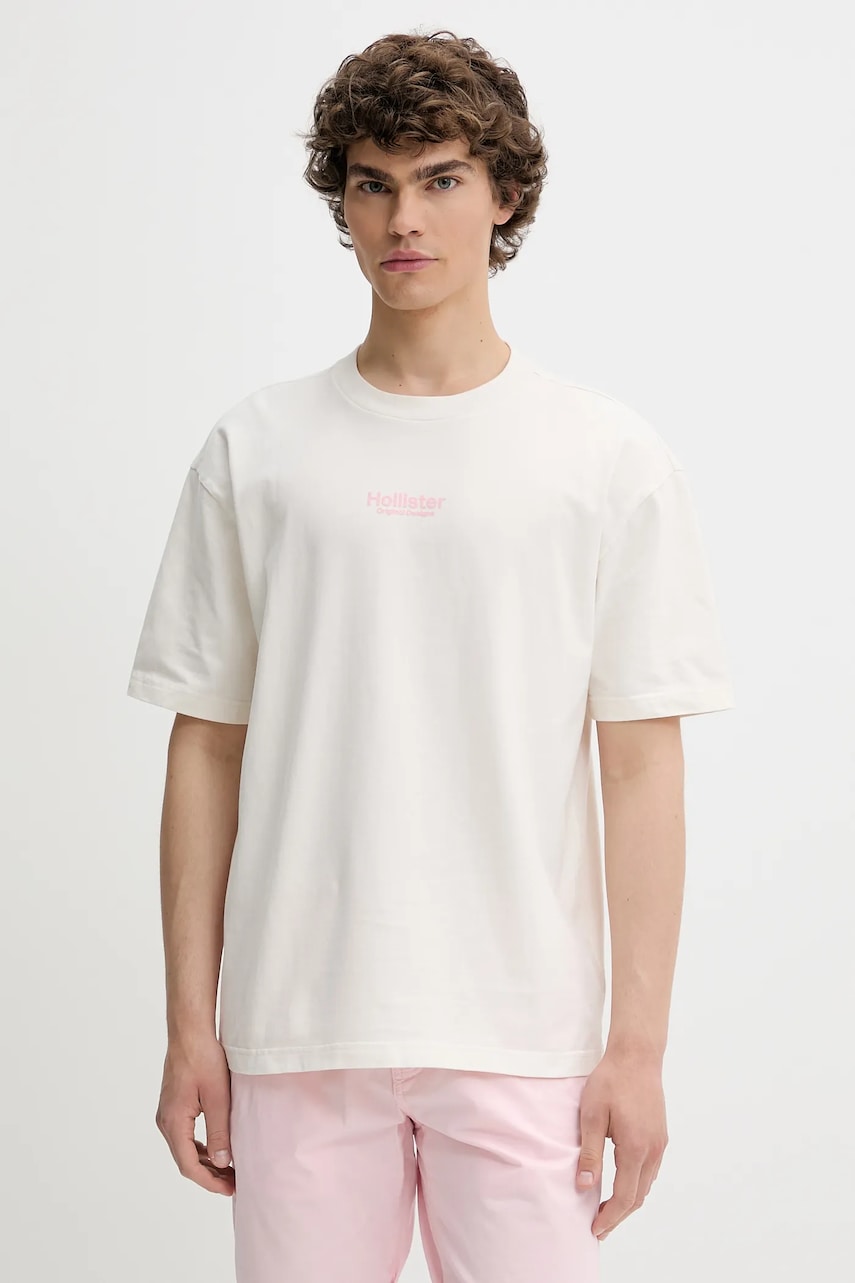 Hollister Co. tricou din bumbac culoarea bej, cu imprimeu, KI323-5007