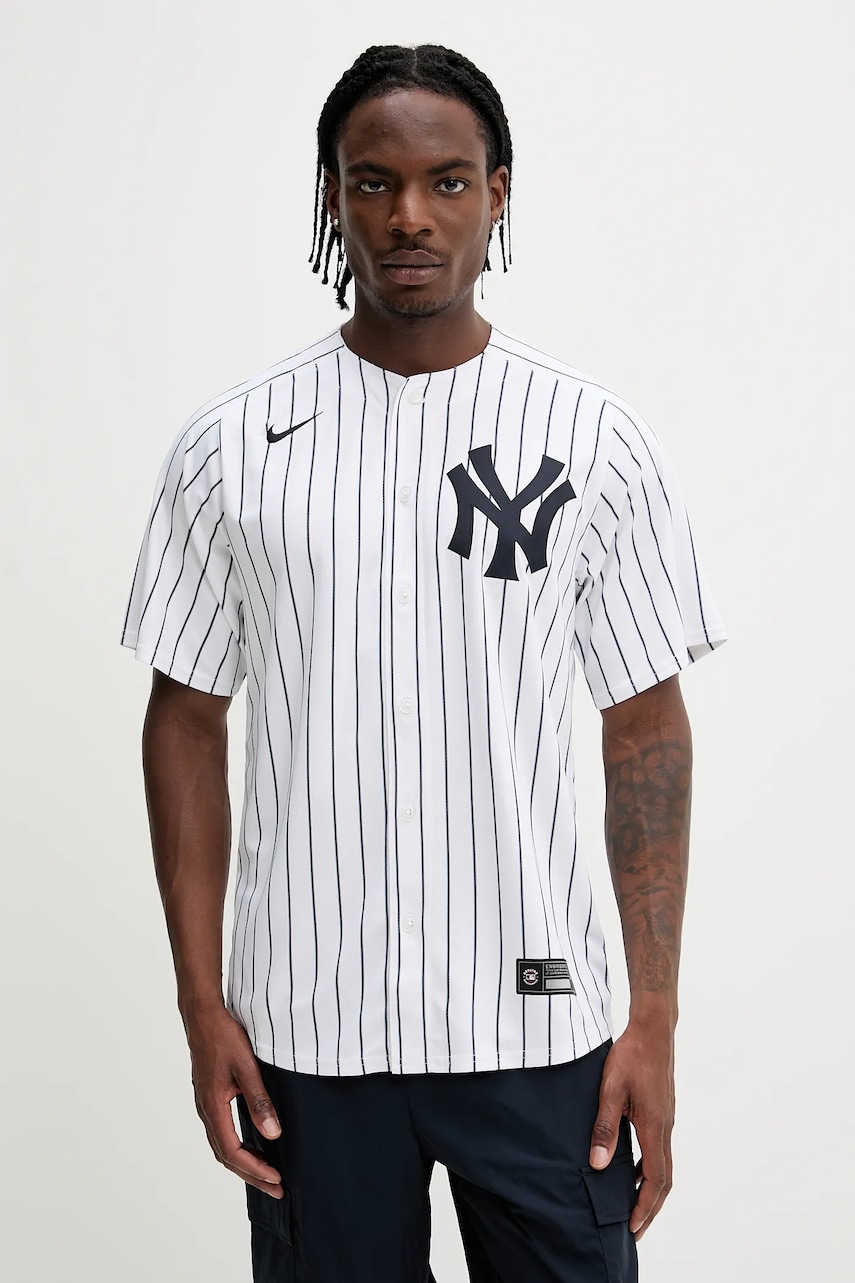 Nike cămașă New York Yankees culoarea alb, cu guler stand-up, regular, LM25-NKHO-NK-1U2