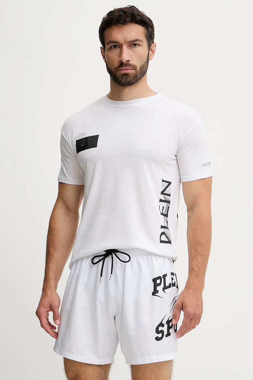 Levně Bavlněné tričko PLEIN SPORT pánské, bílá barva, s potiskem, PS25MTS01