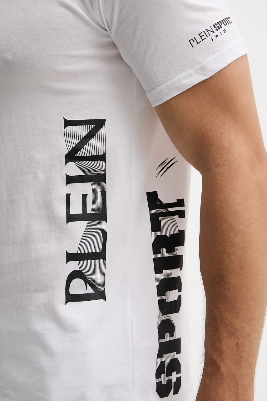 Βαμβακερό μπλουζάκι PLEIN SPORT ανδρικό, χρώμα: άσπρο, PS25MTS01 φωτογραφία