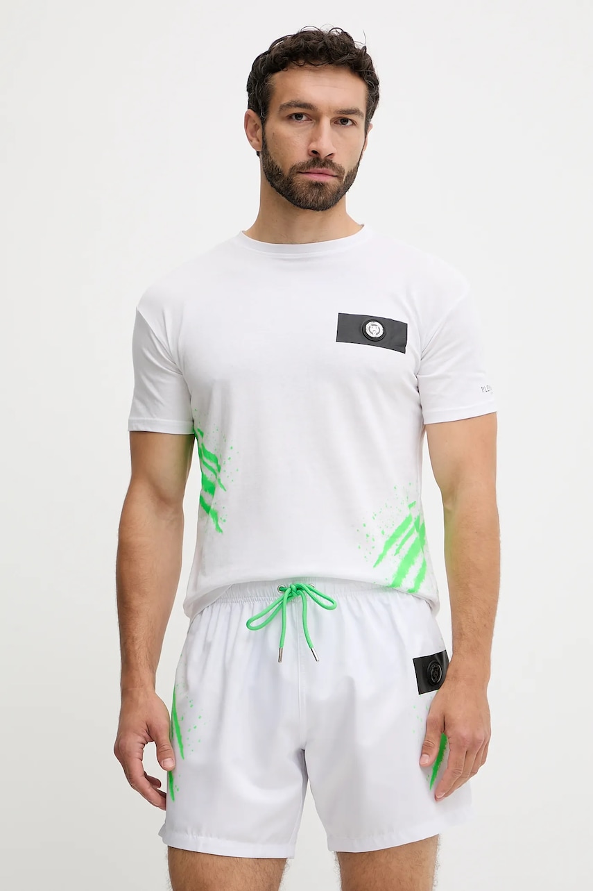PLEIN SPORT tricou din bumbac culoarea alb, cu imprimeu, PS25MTS02