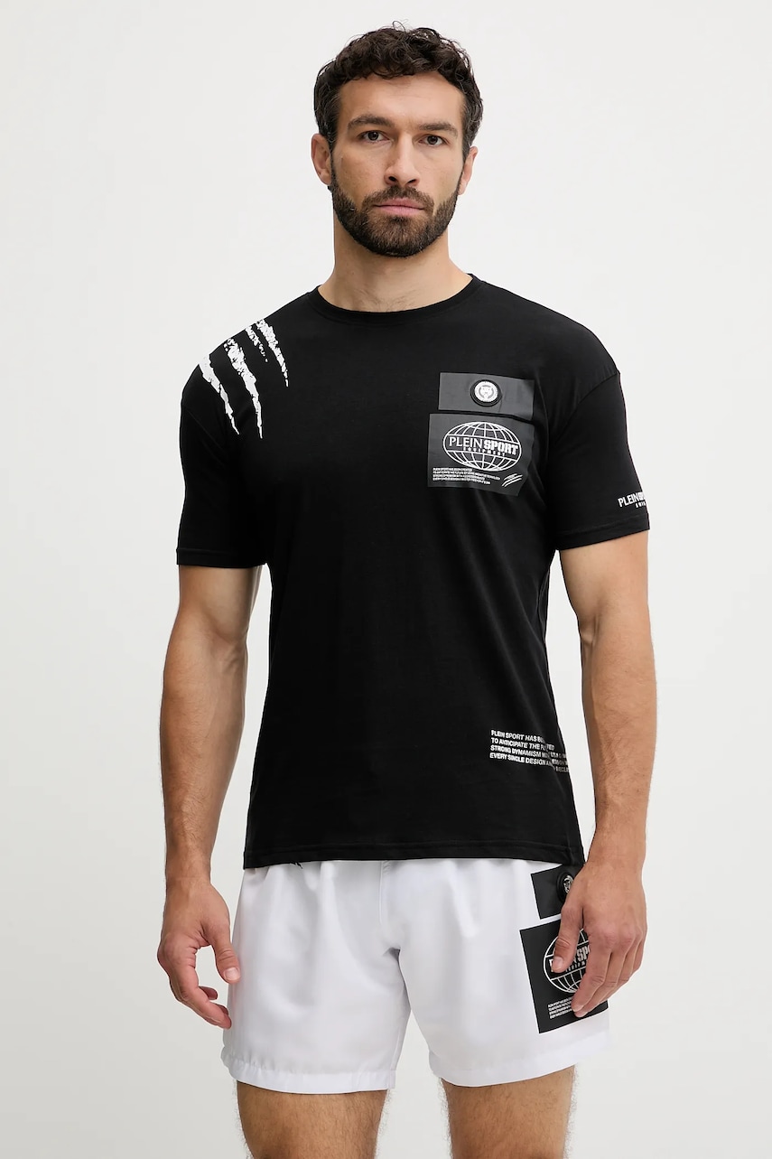Levně Bavlněné tričko PLEIN SPORT pánské, černá barva, s potiskem, PS25MTS03