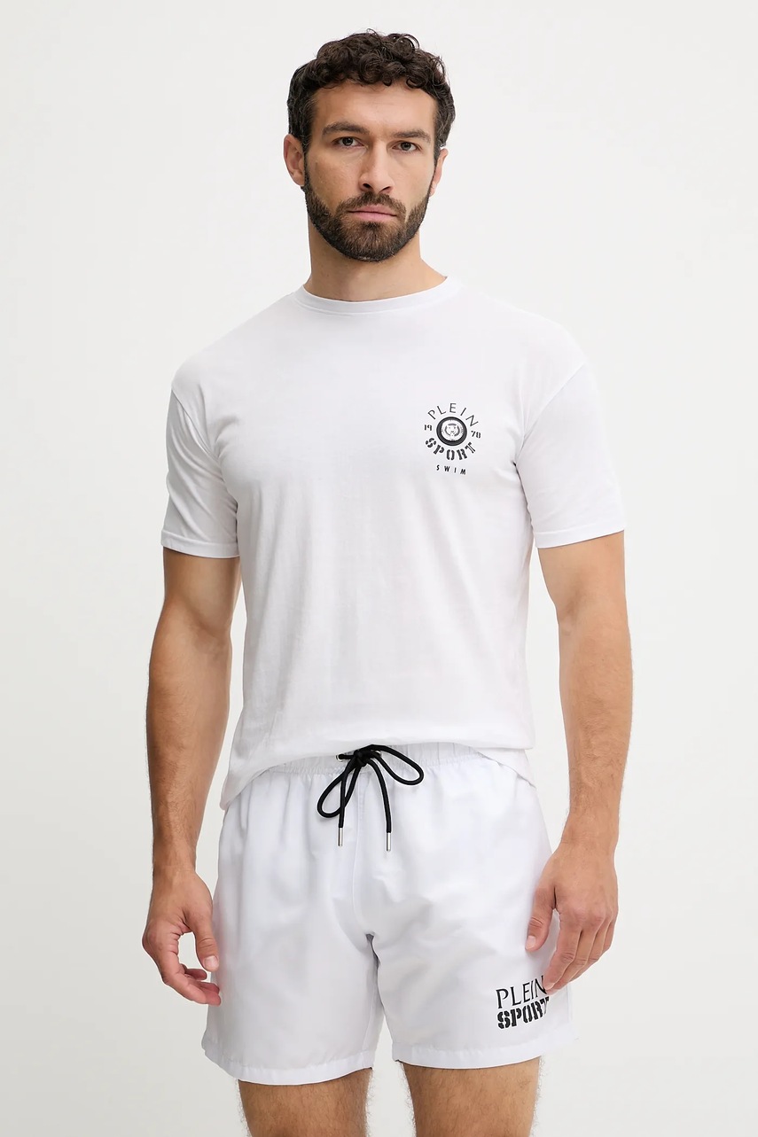 Βαμβακερό μπλουζάκι PLEIN SPORT ανδρικό, χρώμα: άσπρο, PS25MTS09 φωτογραφία