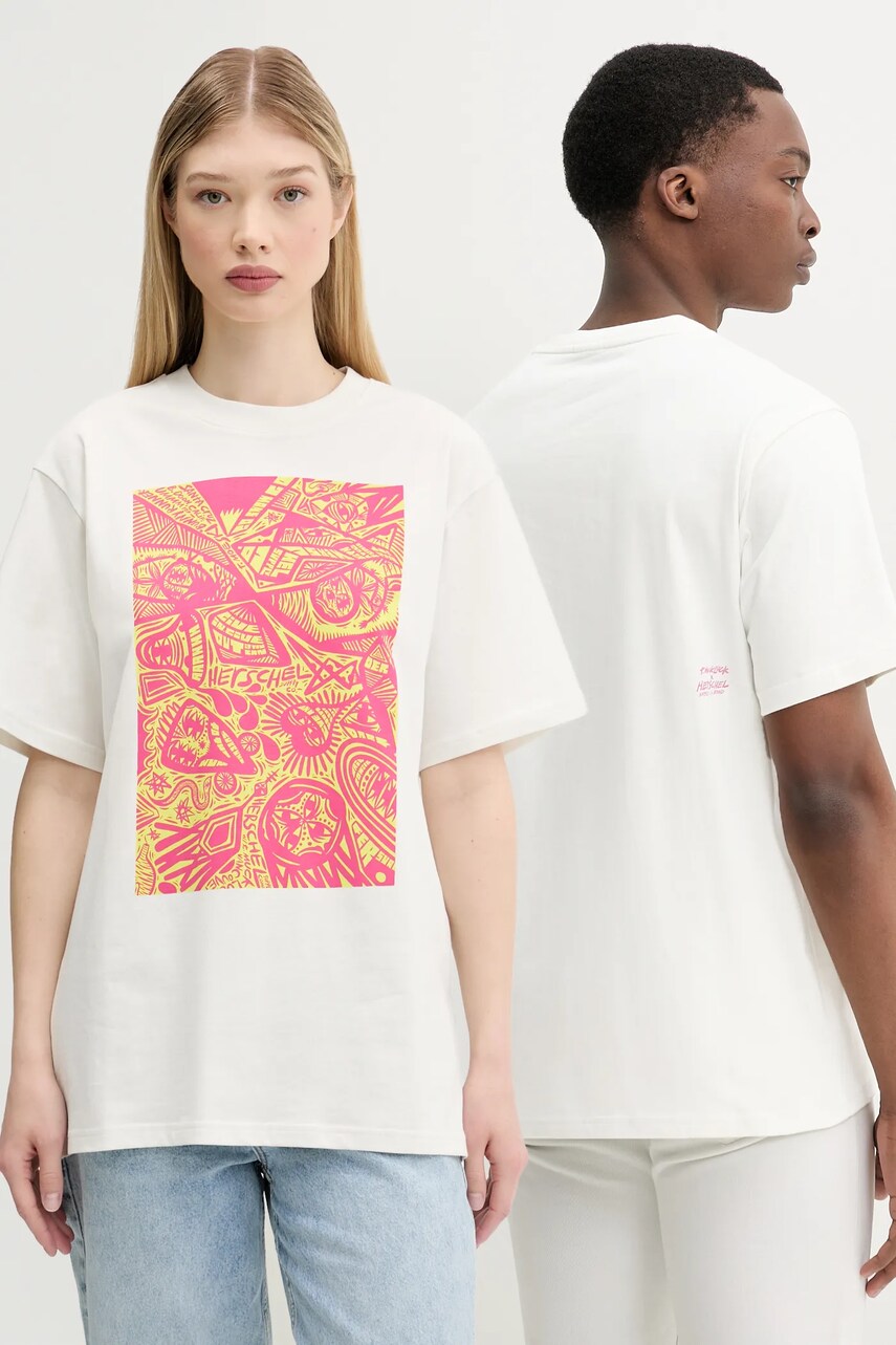Herschel tricou din bumbac culoarea bej, cu imprimeu, 50546-05977