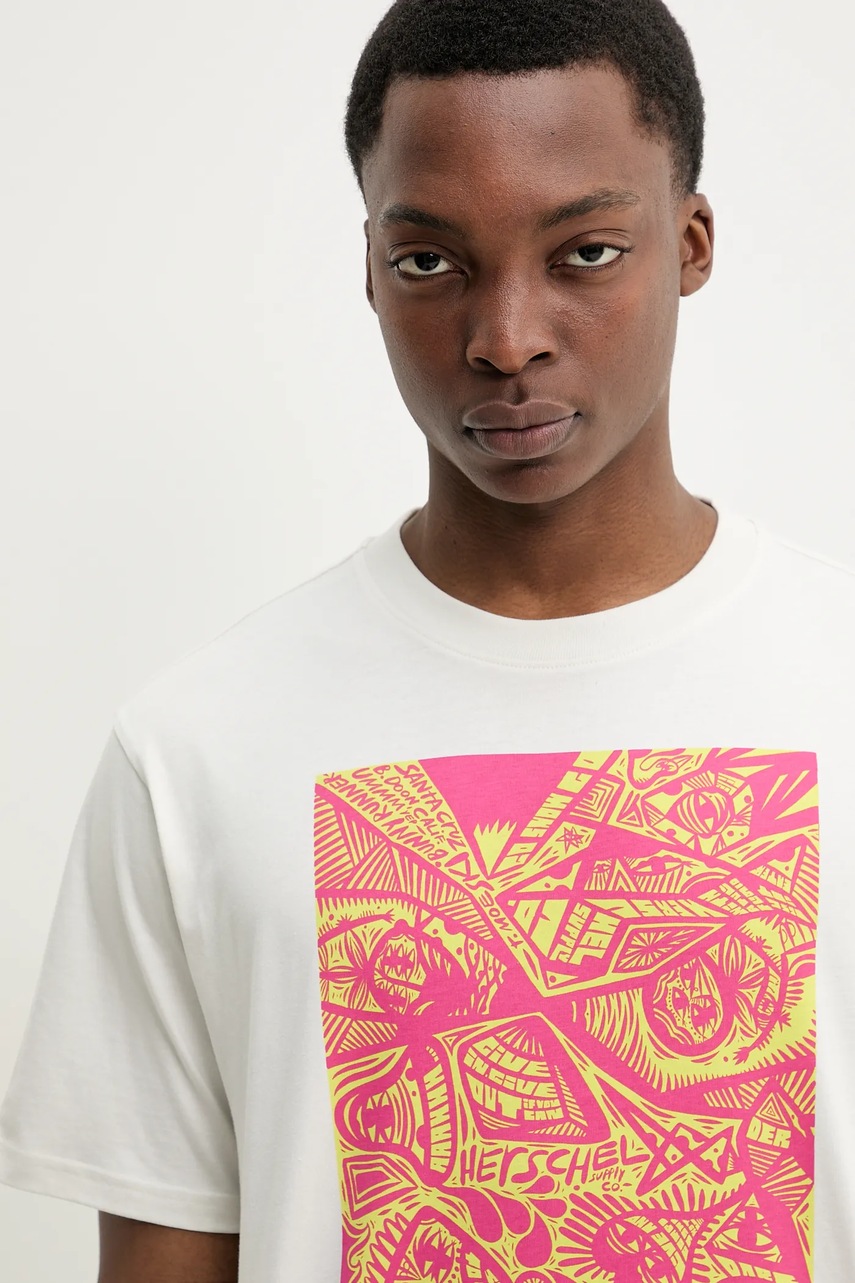 Βαμβακερό μπλουζάκι Herschel χρώμα: μπεζ, 50546-05977 φωτογραφία