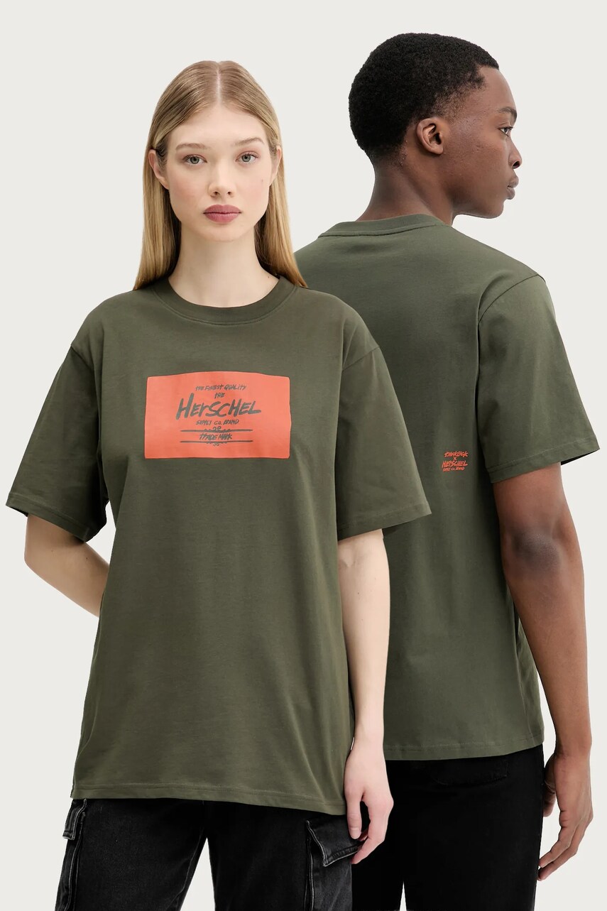 Herschel tricou din bumbac culoarea verde, cu imprimeu, 50548-01572