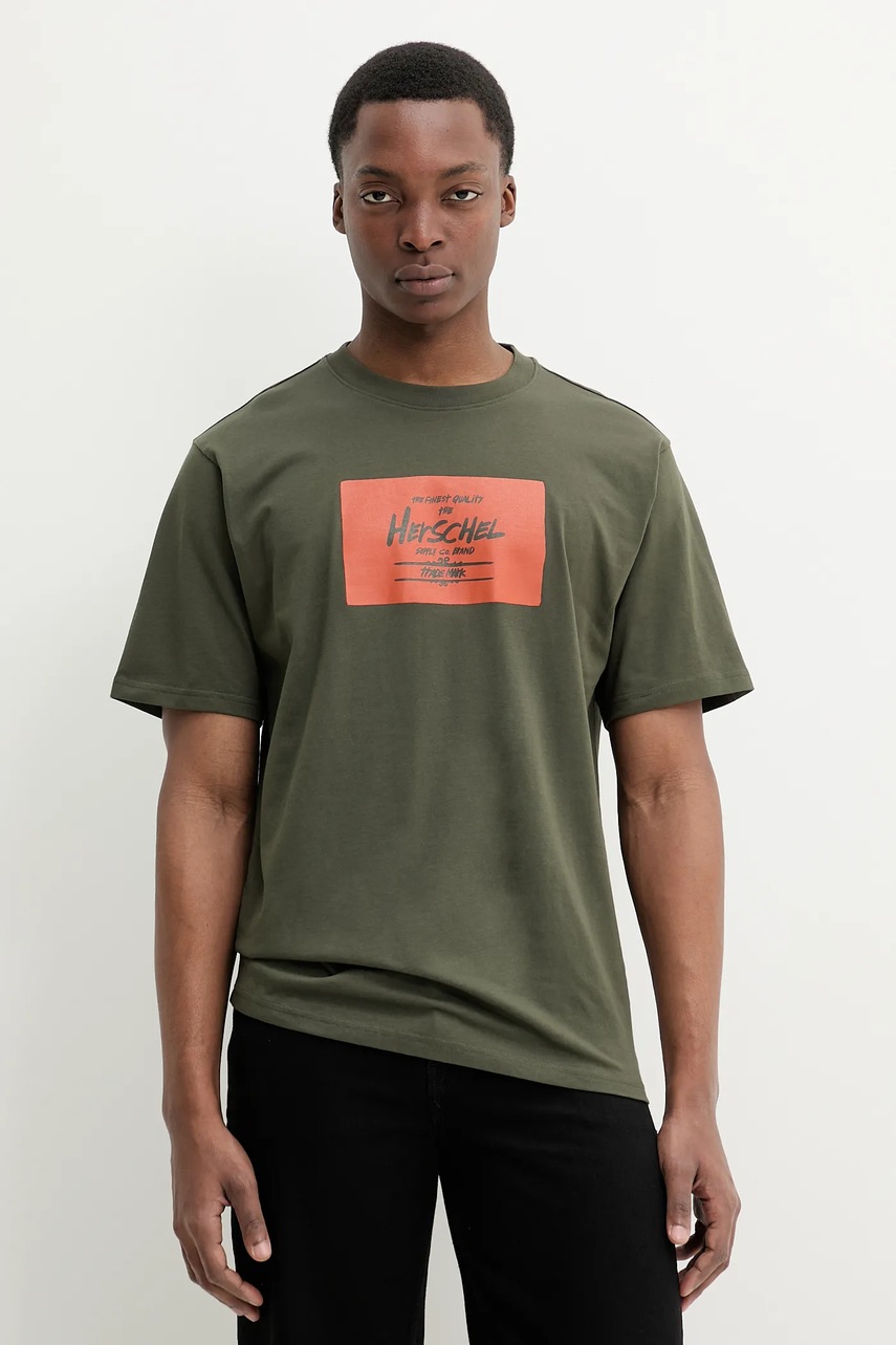 Herschel tricou din bumbac culoarea verde, cu imprimeu, 50548-01572