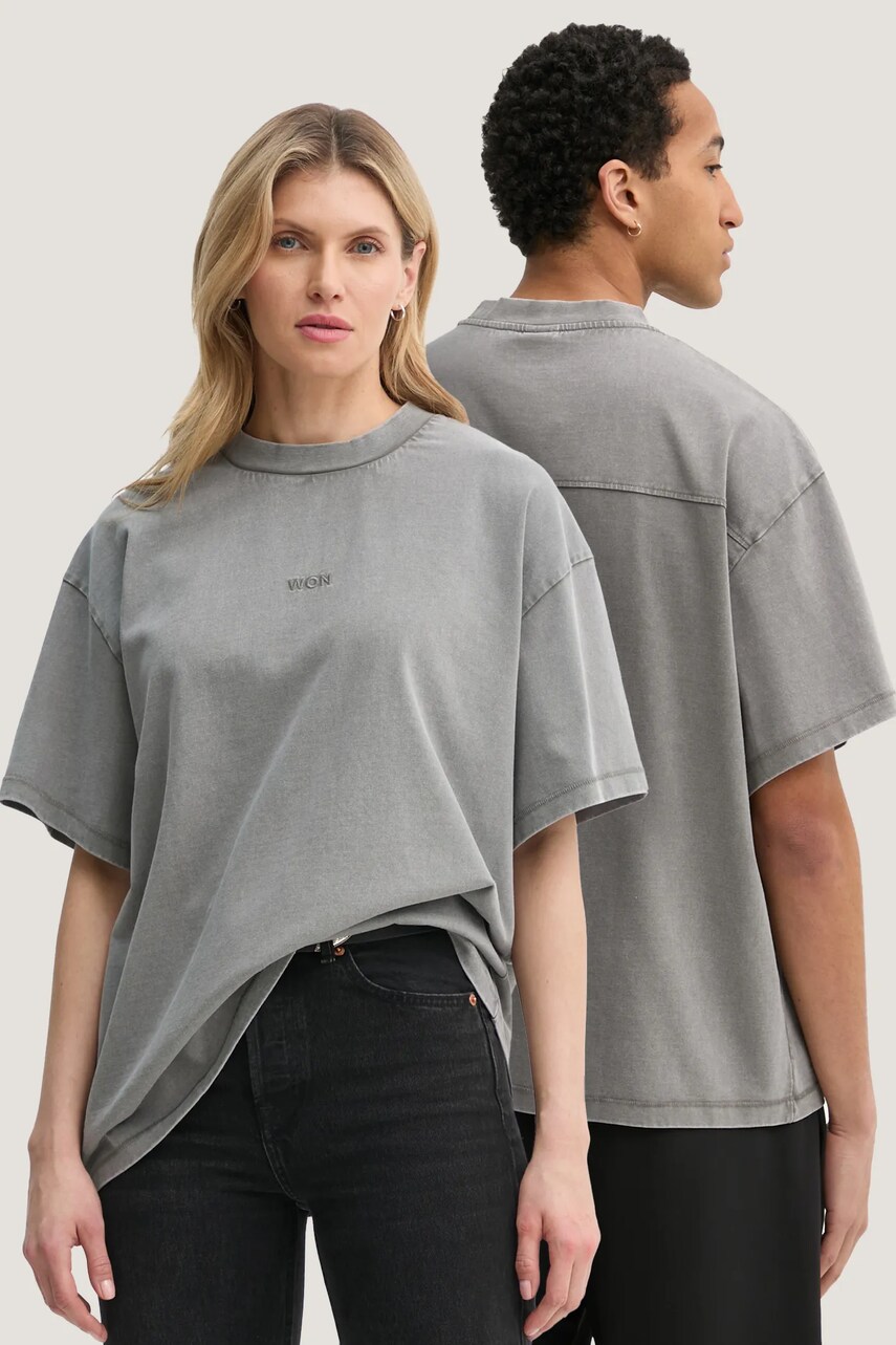 Won Hundred tricou din bumbac culoarea gri, neted, 3728-12089