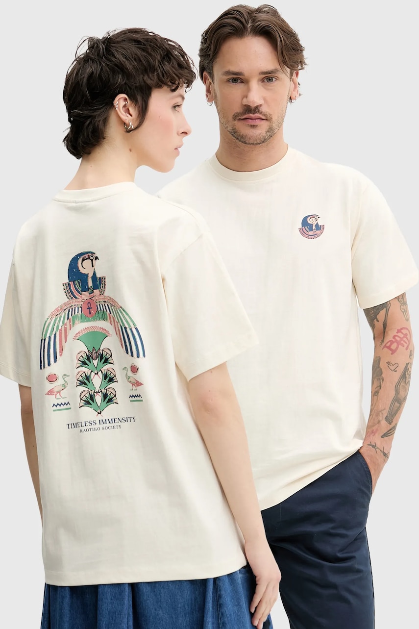 Kaotiko tricou din bumbac culoarea bej, cu imprimeu, AQ016-01S-G002 Kaotiko tricou din bumbac culoarea bej, cu imprimeu, AQ016-01S-G002