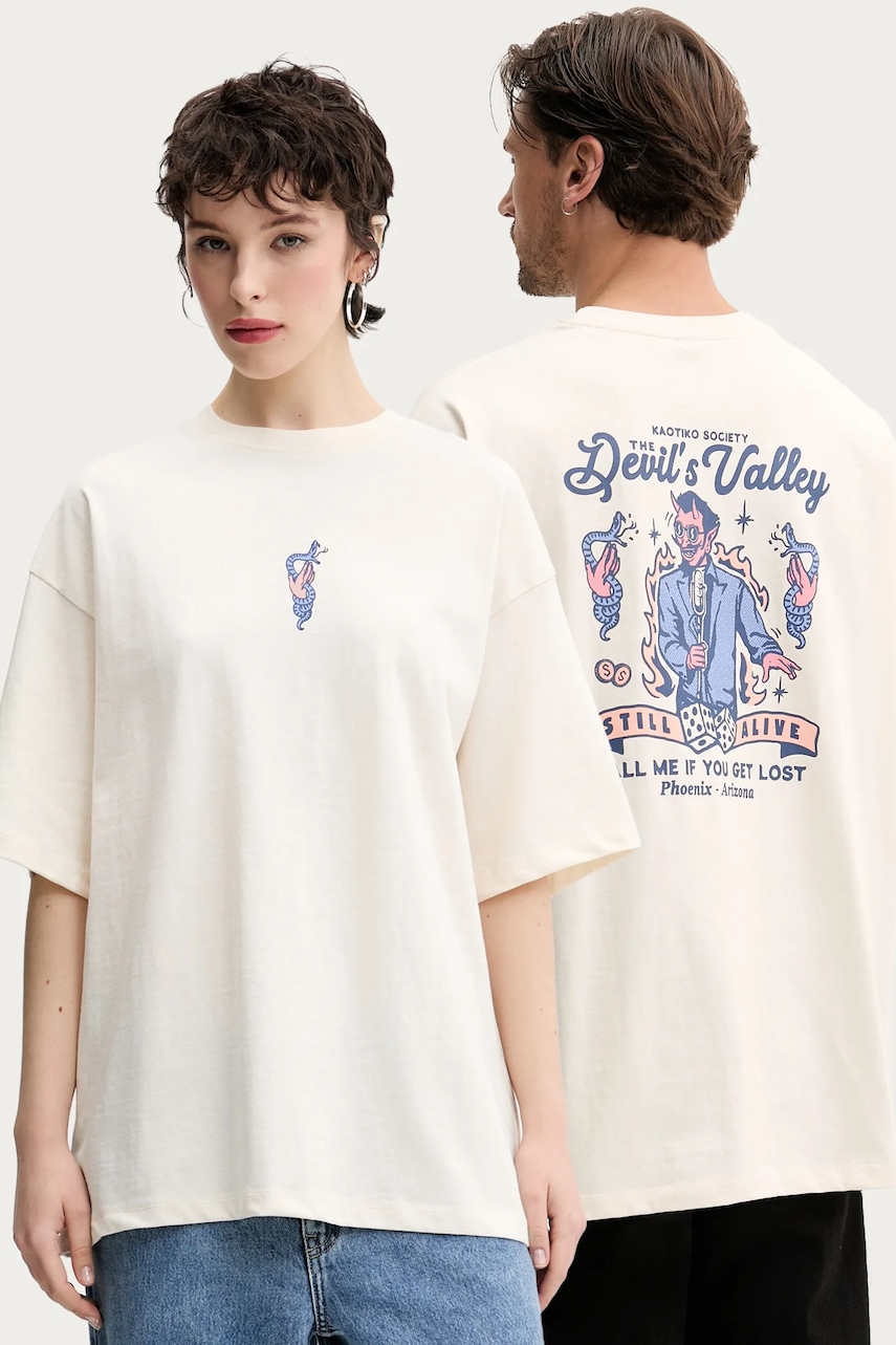 Kaotiko tricou din bumbac culoarea bej, cu imprimeu, AQ052-01S-G002