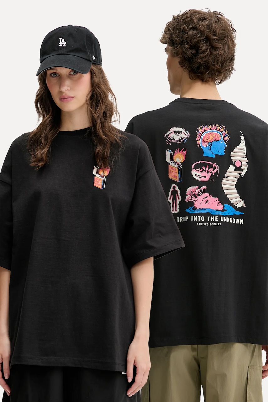 Kaotiko tricou din bumbac culoarea negru, cu imprimeu, AQ092-01-G002 Kaotiko tricou din bumbac culoarea negru, cu imprimeu, AQ092-01-G002