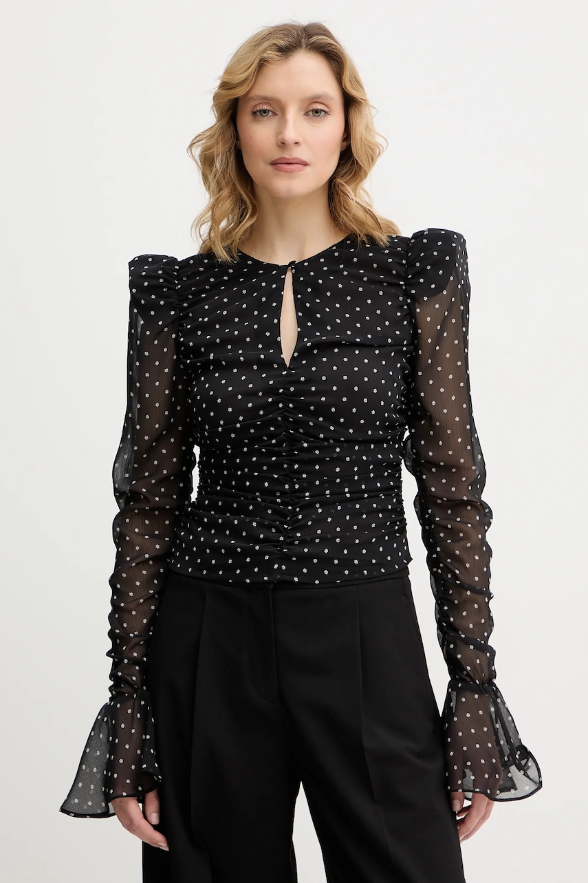 Rotate bluză culoarea negru, cu imprimeu, 115222000