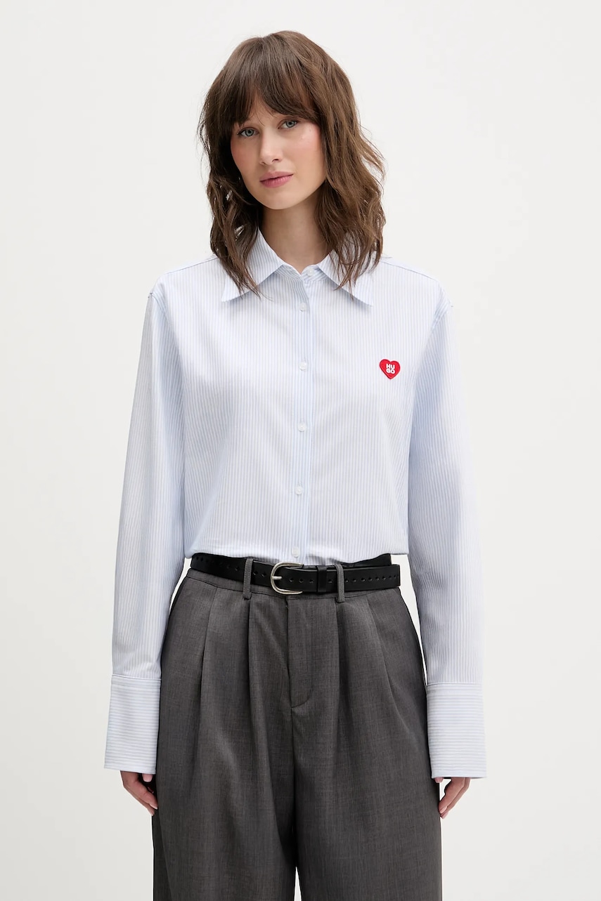 Levně Bavlněná košile HUGO Erselia dámská, modrá barva, regular, s klasickým límcem, 50556370