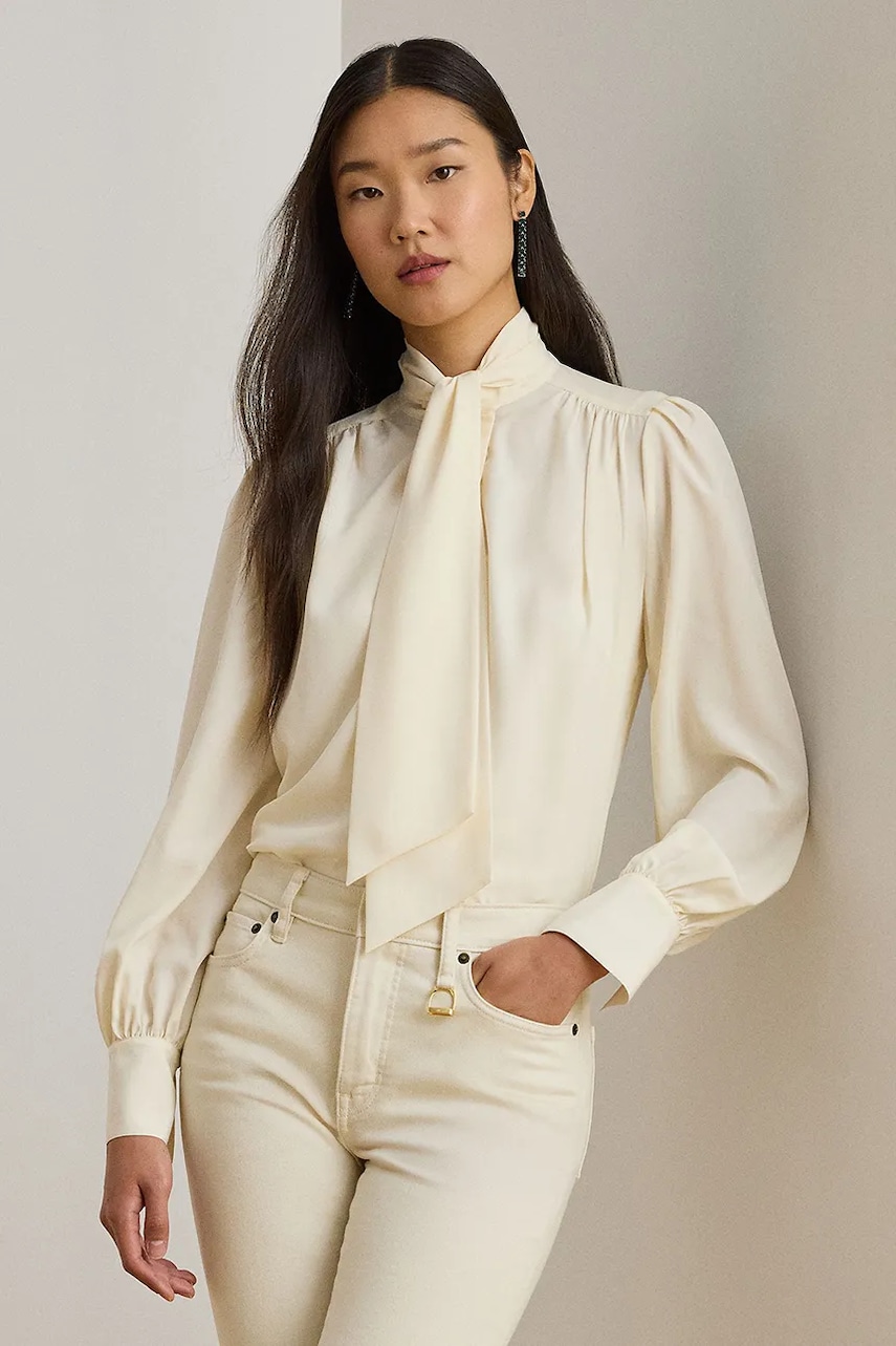 Levně Košile Lauren Ralph Lauren dámská, béžová barva, regular, s vázaným výstřihem, 200P14083