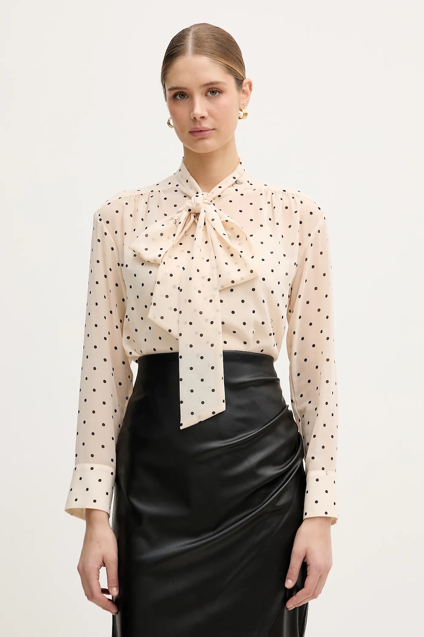 Joop! cămașă culoarea bej, cu un decolteu legat, regular, 30100464