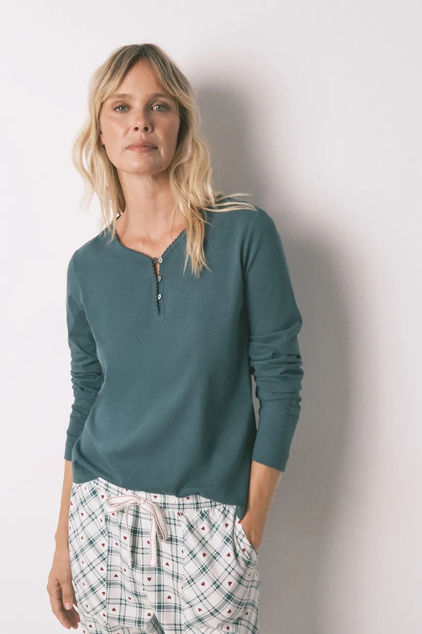 women'secret cămașă cu maneca lungă din bumbac culoarea verde, bumbac, 3272323