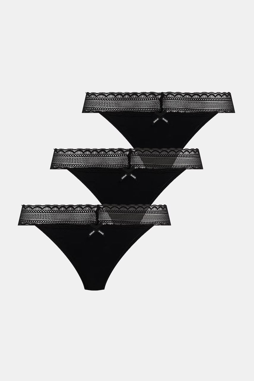HUGO tangá dámske bavlnené s elastanom TRIPLET LACE STRING 3-pak