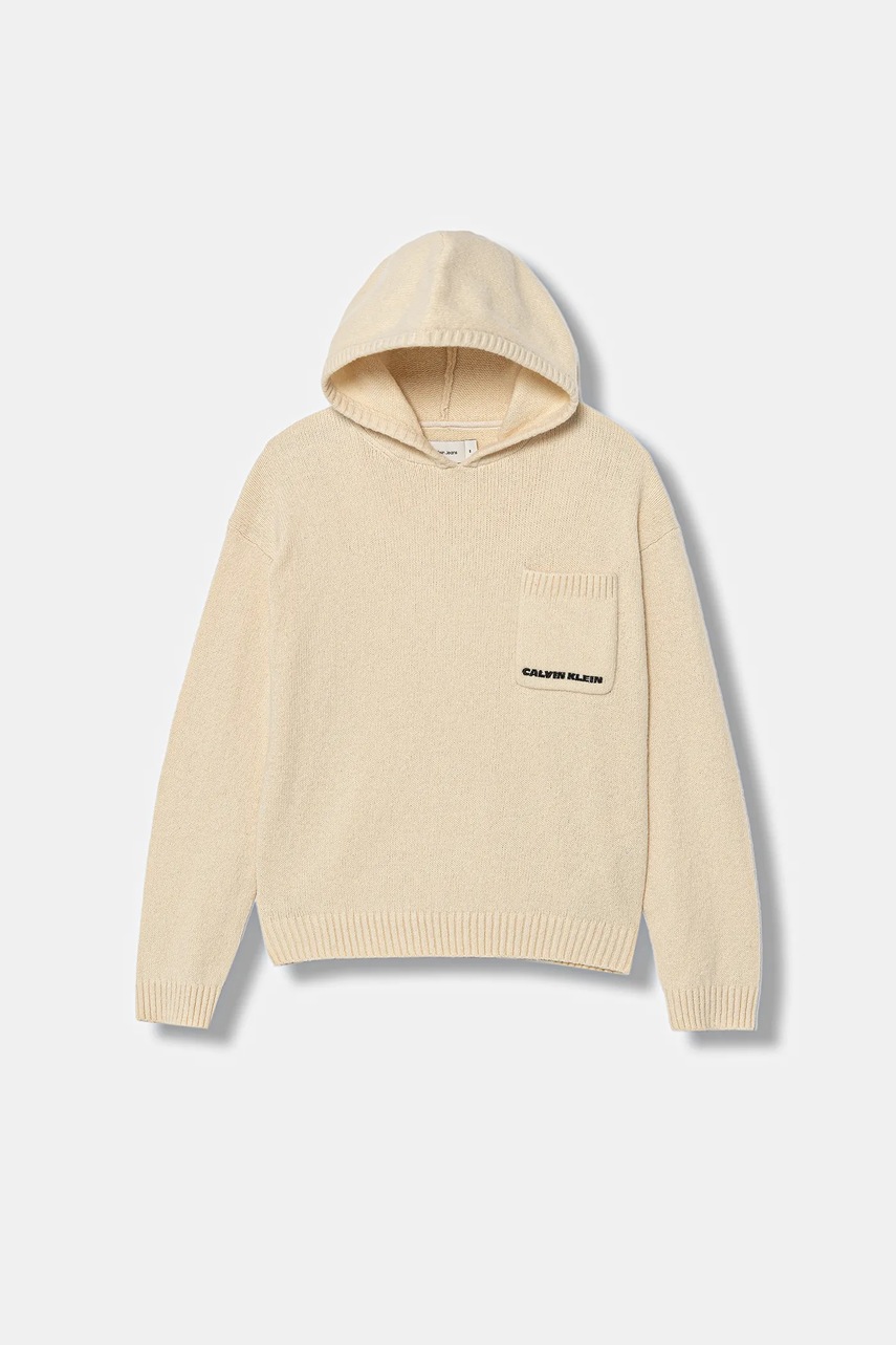 Levně Dětská mikina Calvin Klein Jeans béžová barva, s kapucí, hladká, IB0IB02622