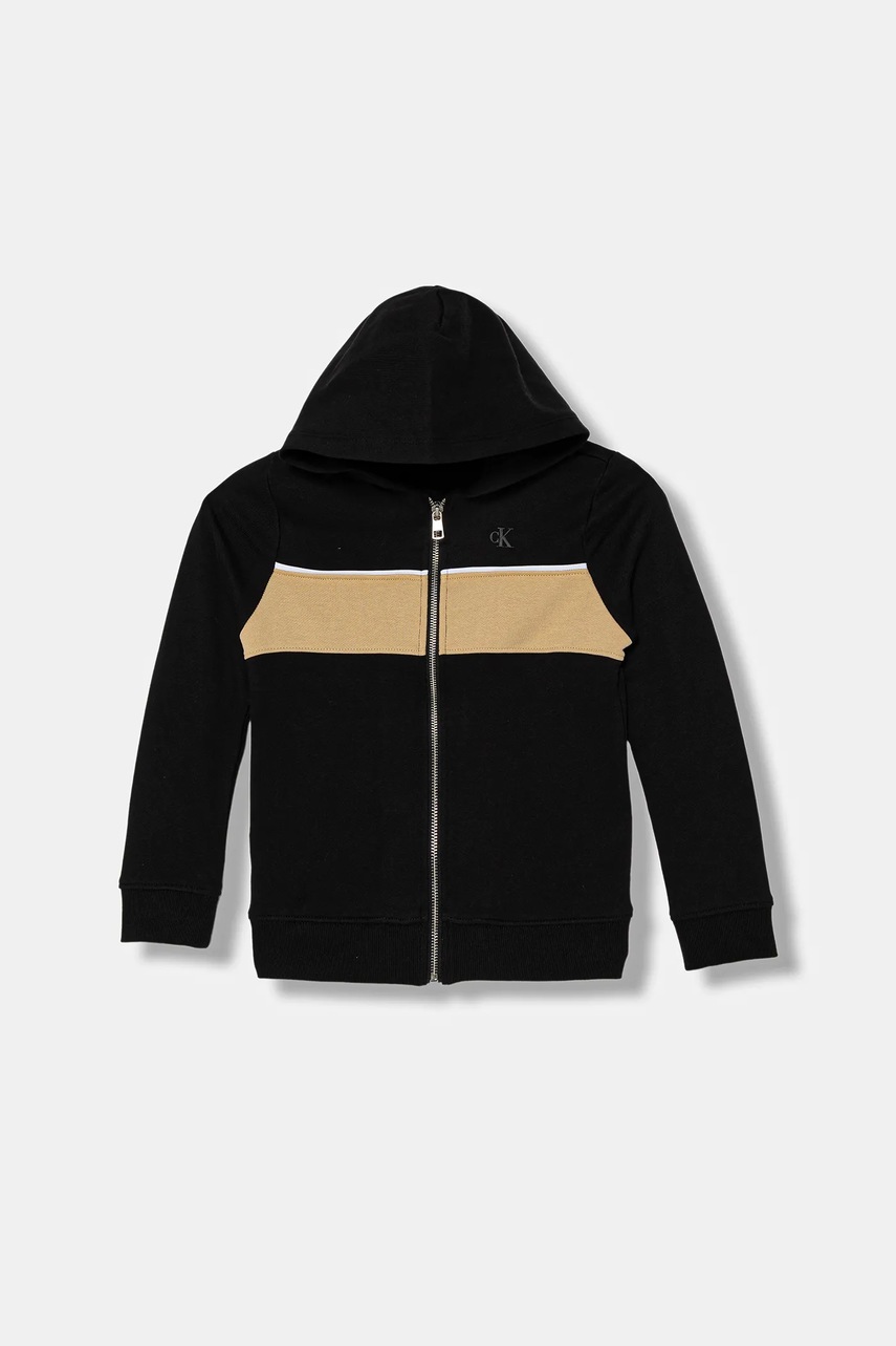 Levně Dětská bavlněná mikina Calvin Klein Jeans černá barva, s kapucí, vzorovaná, IB0IB02620