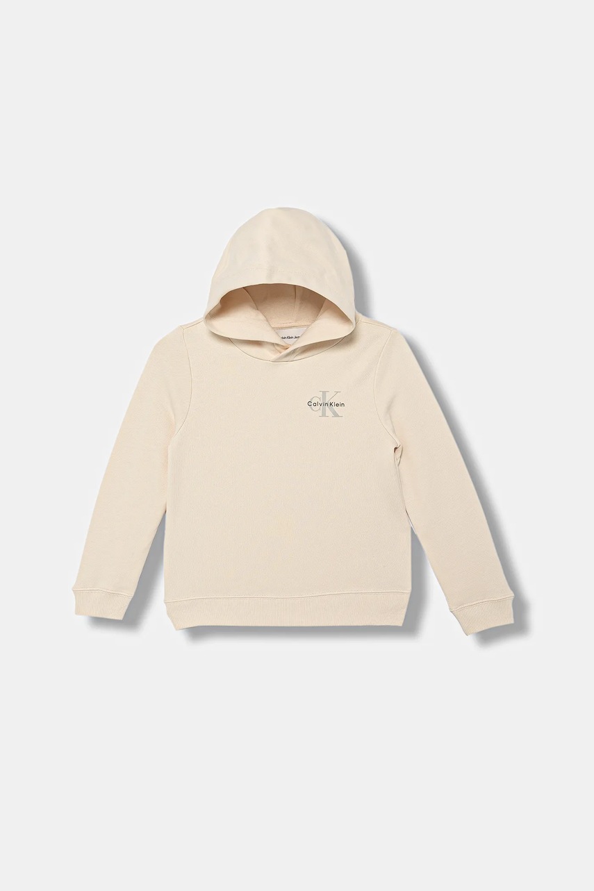 Levně Dětská bavlněná mikina Calvin Klein Jeans béžová barva, s kapucí, s potiskem, IU0IU00712