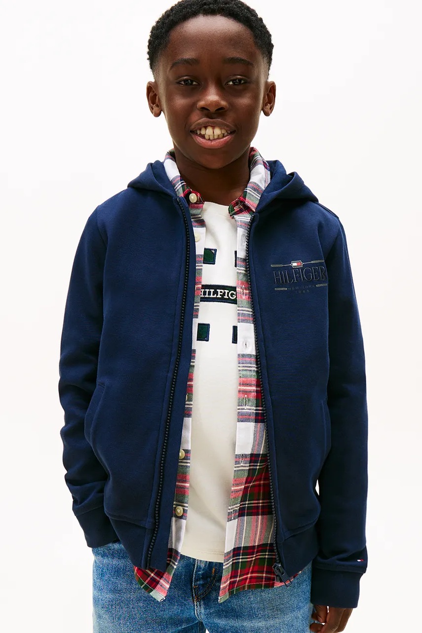 Levně Dětská mikina Tommy Hilfiger tmavomodrá barva, s kapucí, hladká, KB0KB10362