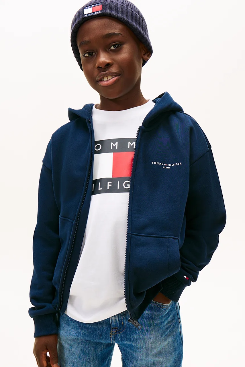 Levně Dětská mikina s bavlnou Tommy Hilfiger tmavomodrá barva, s kapucí, s potiskem, KS0KS00726