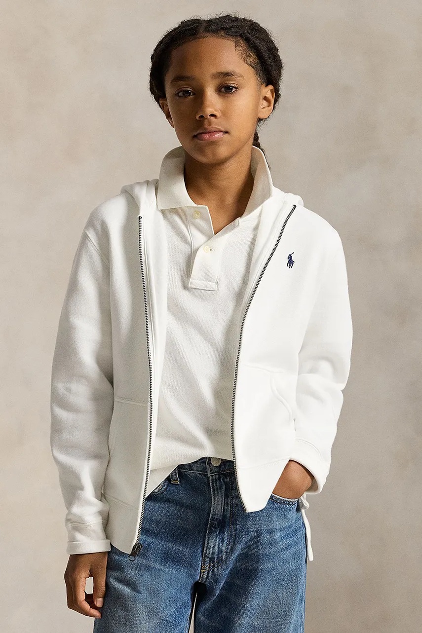Levně Dětská mikina Polo Ralph Lauren bílá barva, s kapucí, hladká, 323799360501